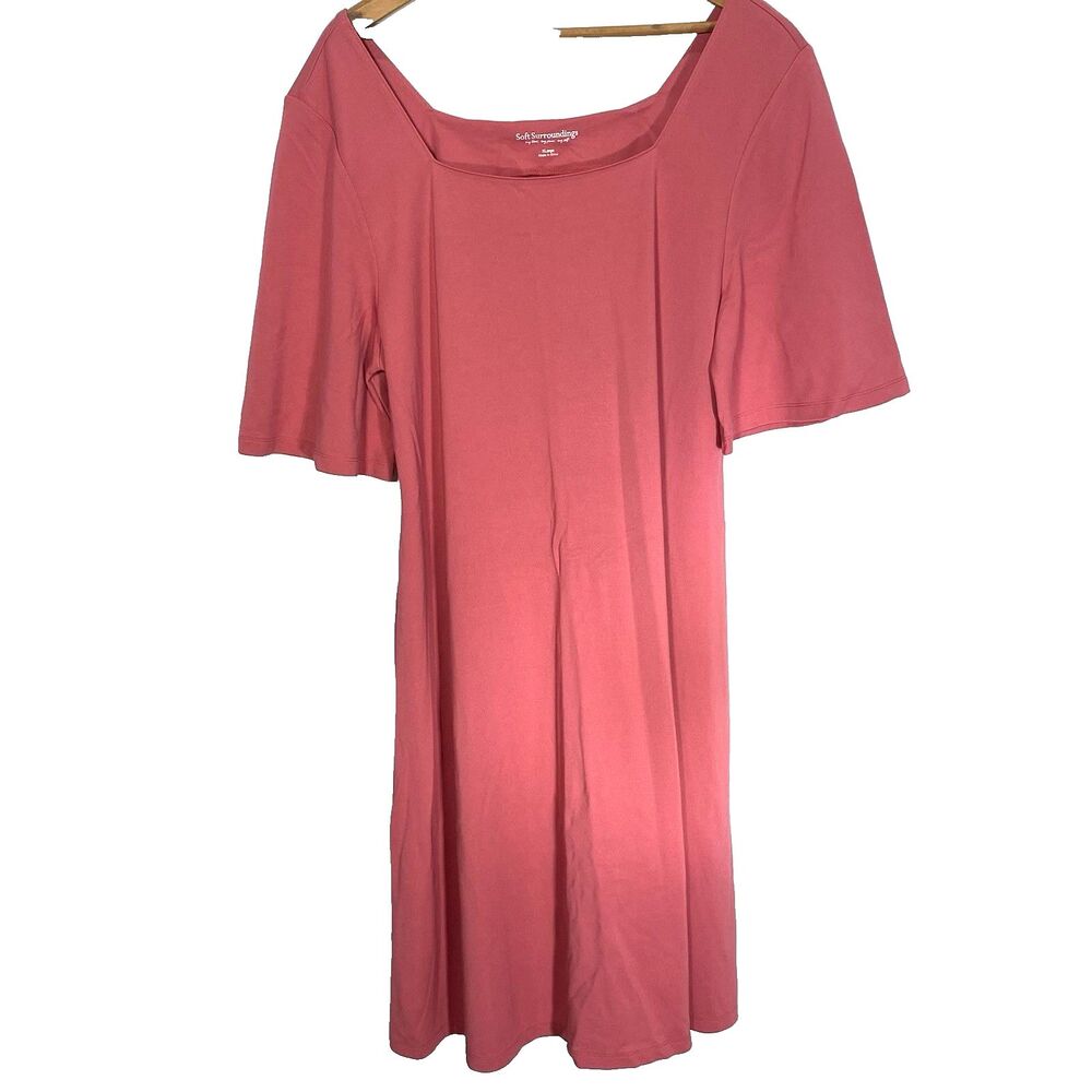 Soft Surroundings Dress Womens XL Square Neck Stretch Short Sleeves Pink